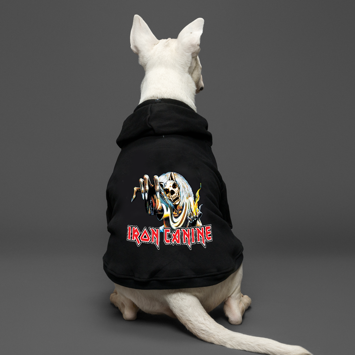 iron maiden dog hoodie, dog sweatshirt for heavy metal dogs, iron canine dog coat