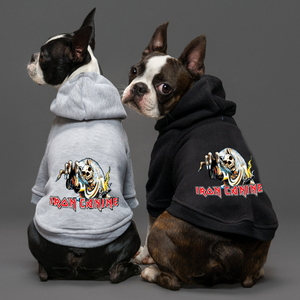 Iron maiden dog hoodie in black and grey. Warm dog coat made in Australia for heavy metal dogs