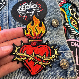 embroidered burning heart patch with barbwire