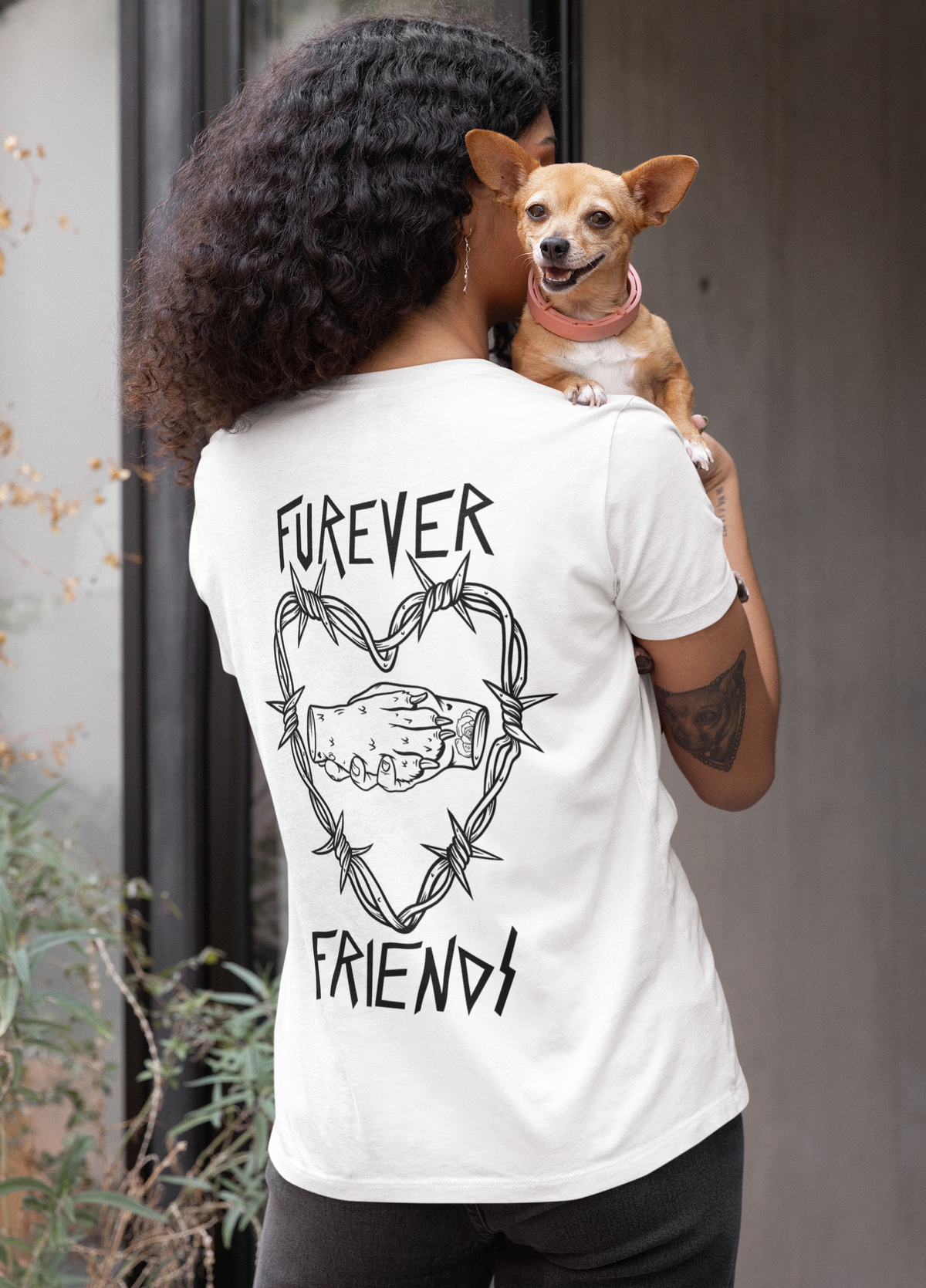 dog lovers tee, furever friends print, rescue dog tee white