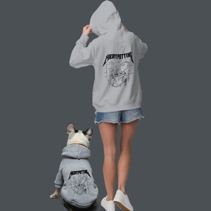 Matching dog and owner outfits, dog and human apparel for dog lover gifts. Dog hoodie with matching human hoodie. Heavy petting print. 