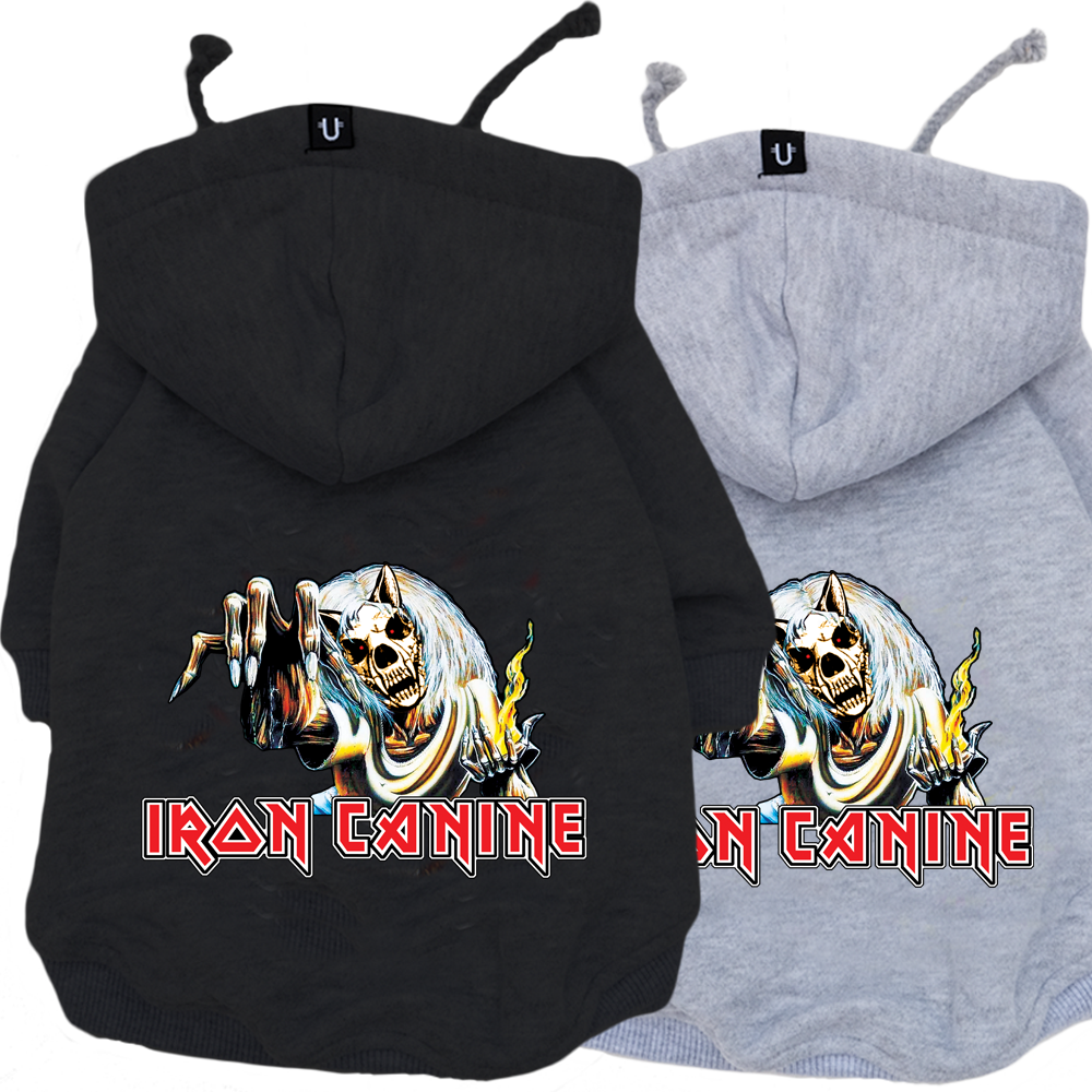 iron maiden dog hoodie, dog sweatshirt for heavy metal dogs, iron canine dog coat