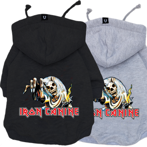 iron maiden dog hoodie, dog sweatshirt for heavy metal dogs, iron canine dog coat