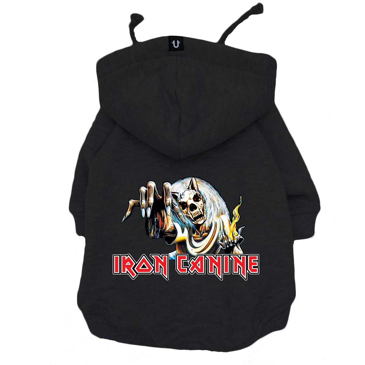 Black iron maiden dog hoodie for large and small dog breeds. Dog sweatshirt made in Australia