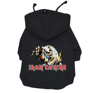 Black iron maiden dog hoodie for large and small dog breeds. Dog sweatshirt made in Australia