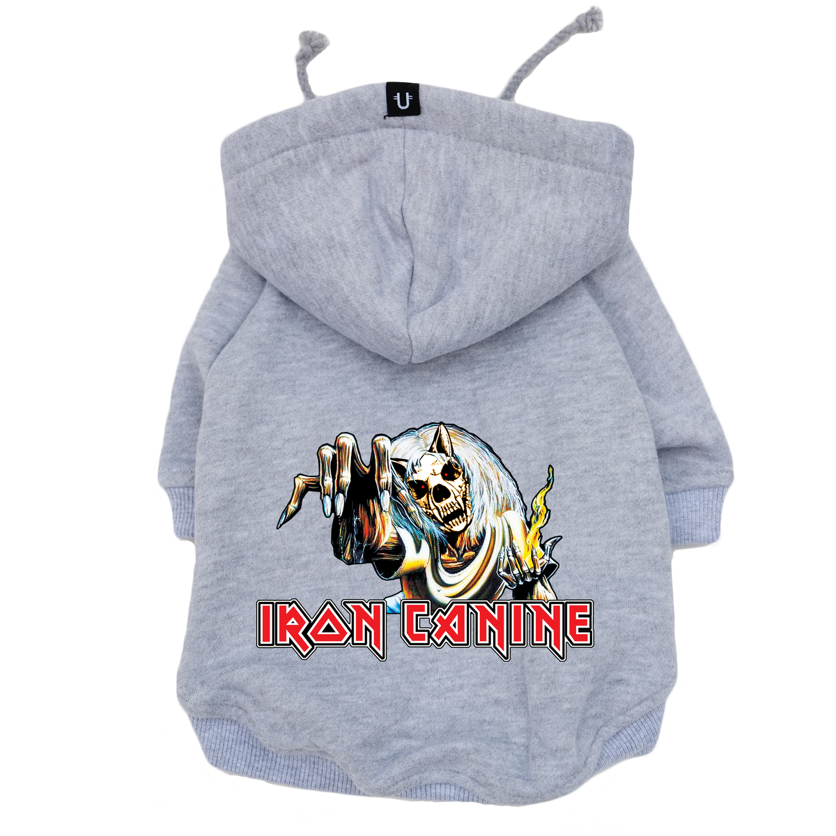 iron maiden grey dog hoodie for heavy metal dogs, dog coat made in Australia