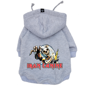 iron maiden grey dog hoodie for heavy metal dogs, dog coat made in Australia