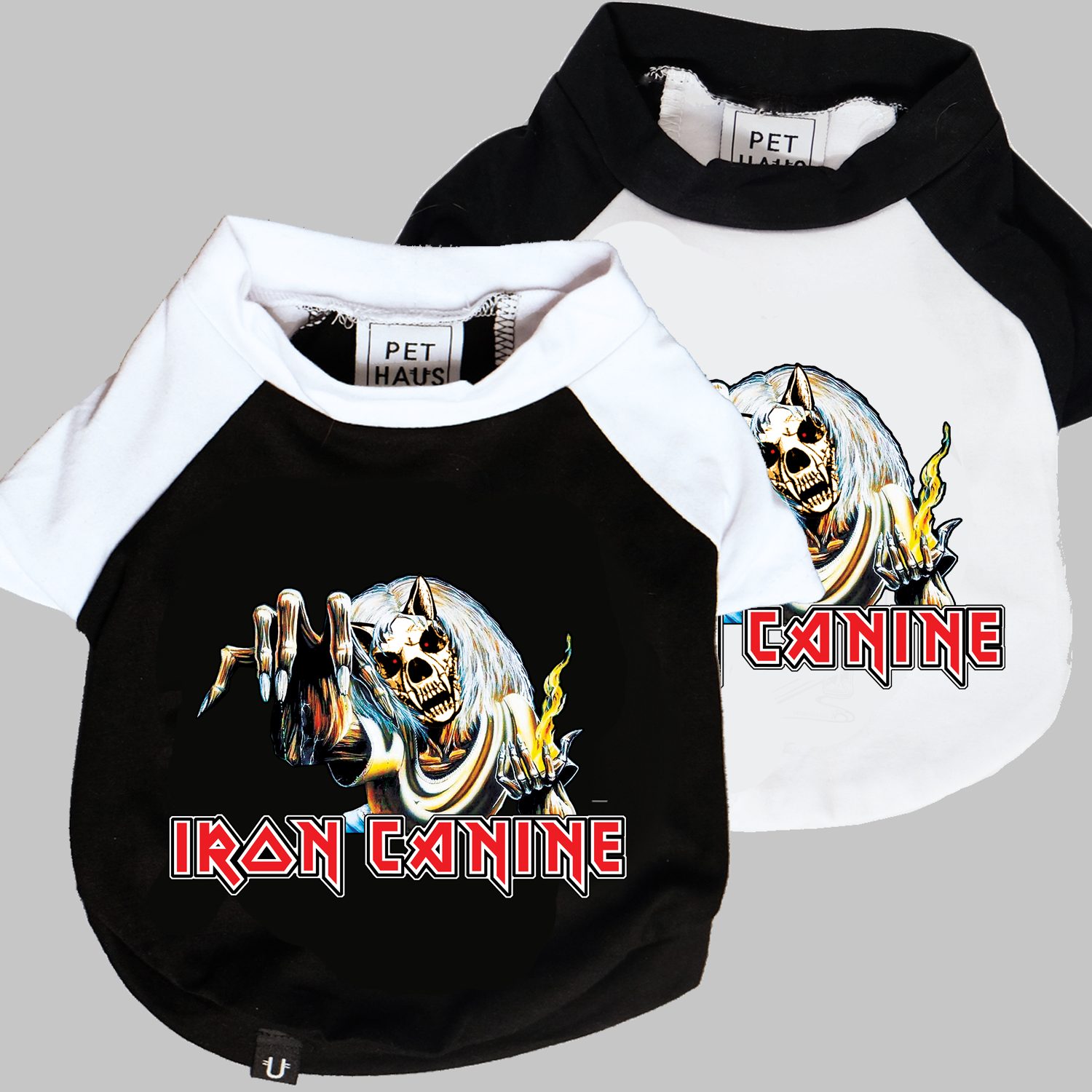 iron maiden dog clothing, iron canine dog print for heavy metal dogs, black dog tee, white dog tee