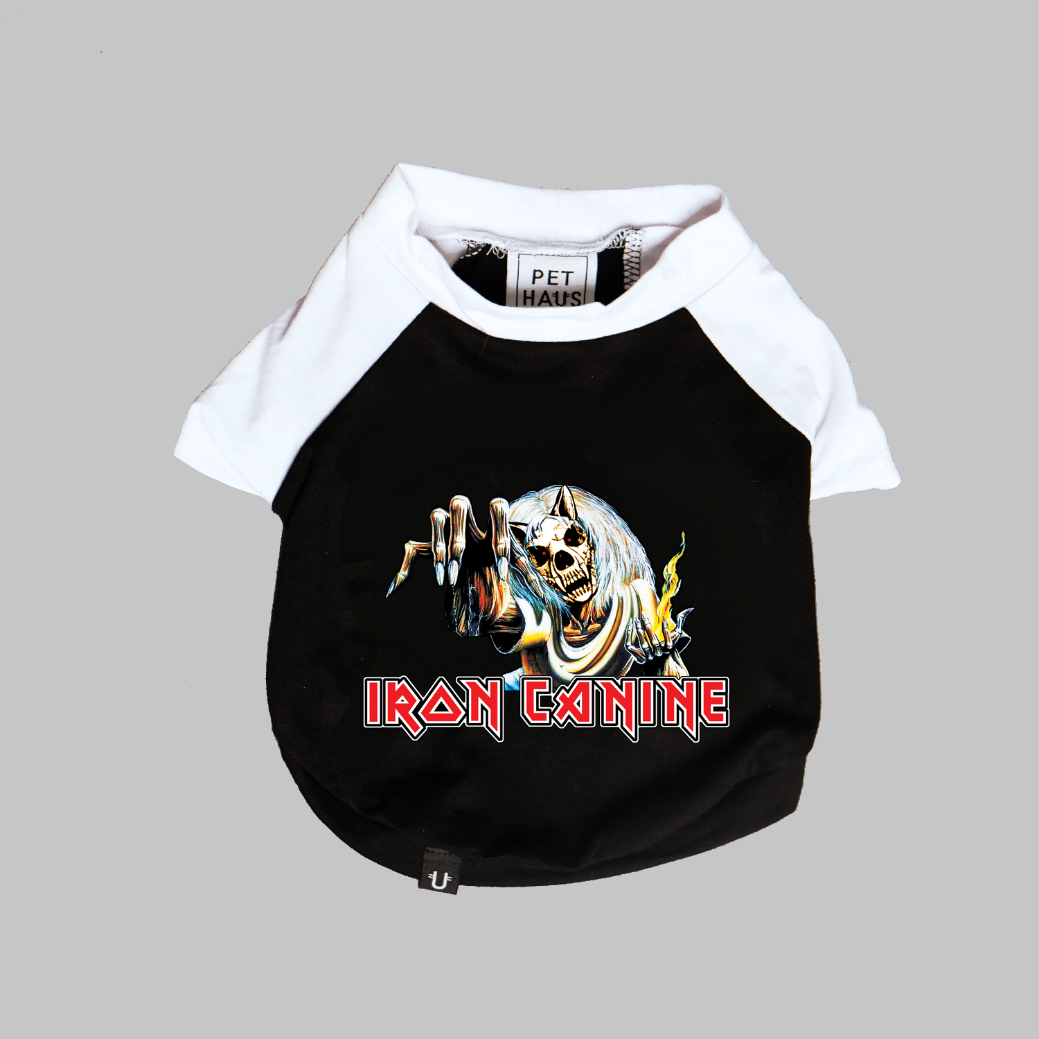 iron maiden dog clothing, iron canine dog print for heavy metal dogs, black dog tee, white dog tee