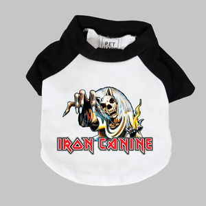 iron maiden dog clothing, iron canine dog print for heavy metal dogs, white dog tee, made in Australia