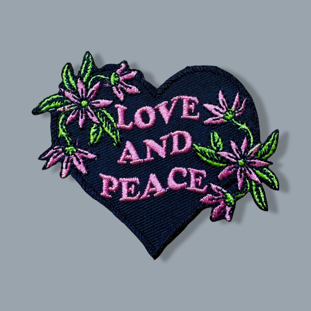 love and peace heart patch with flowers for denim jacket