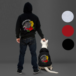 Matching dog and owner outfits, dog and human apparel for dog lover gifts. Dog hoodie with matching human hoodie. Loyalty wolf print