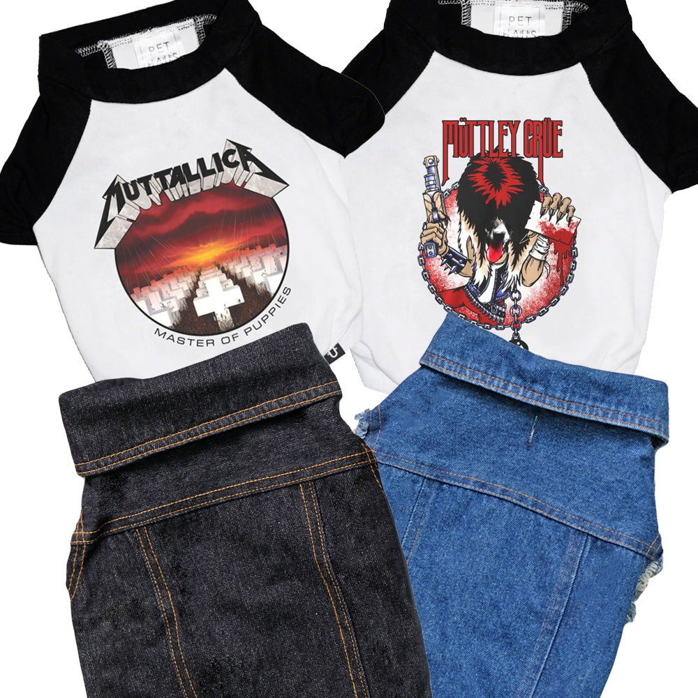 rock dog clothing, denim dog vest , dog band tee combo by Pethaus