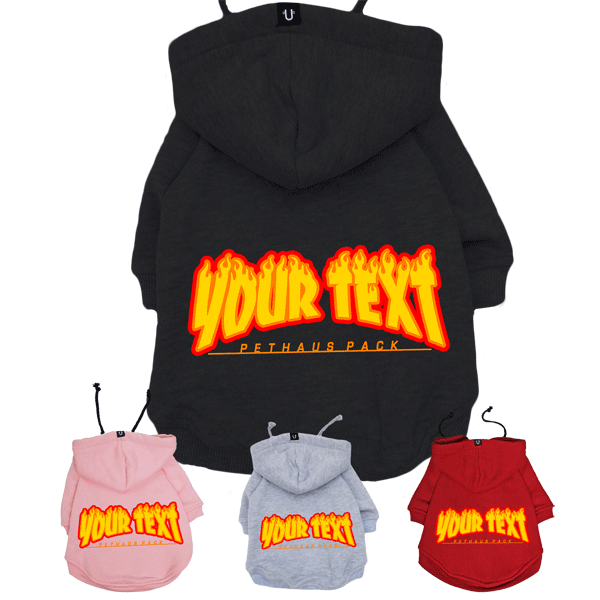 Personalised dog hoodie with thrasher flame font made in Australia to fit large and small dogs. 