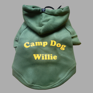 Personalised dog hoodie in green with retro font. Dog coat for big dogs and little dogs made in Australia