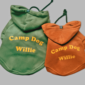 personalised dog hoodie, warm dog coat for camping with dogs name. Dog hoodie to fit big and little dogs in green and tan with dogs name.