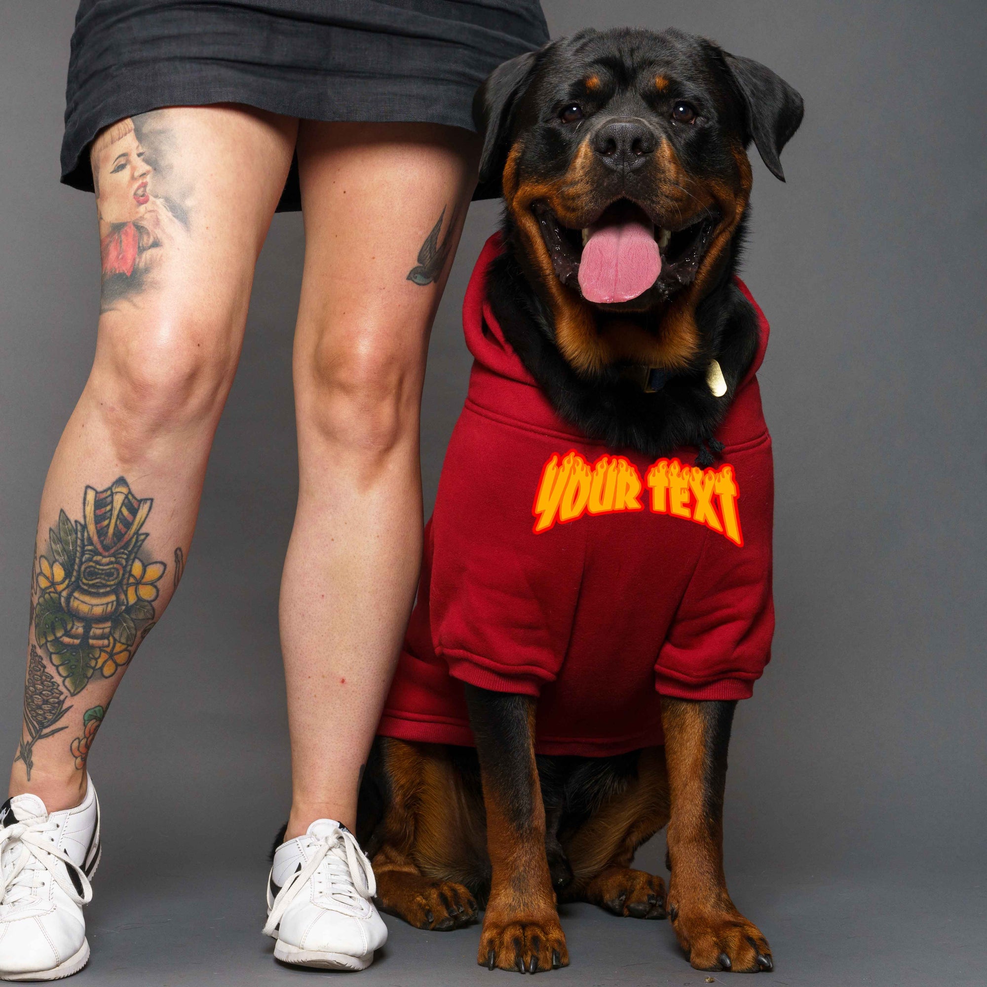 Personalised dog hoodie with thrasher flame font made in Australia to fit large and small dogs. 
