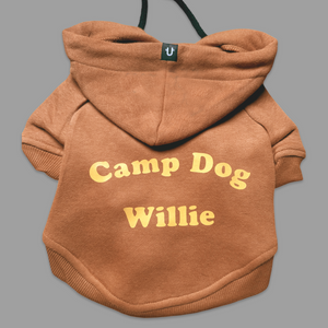 personalised dog hoodie in tan. Warm dog coat for camping made in Australia