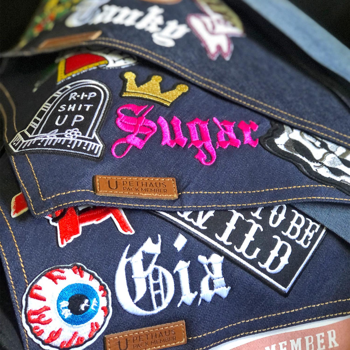 Personalised denim dog bandana with patches