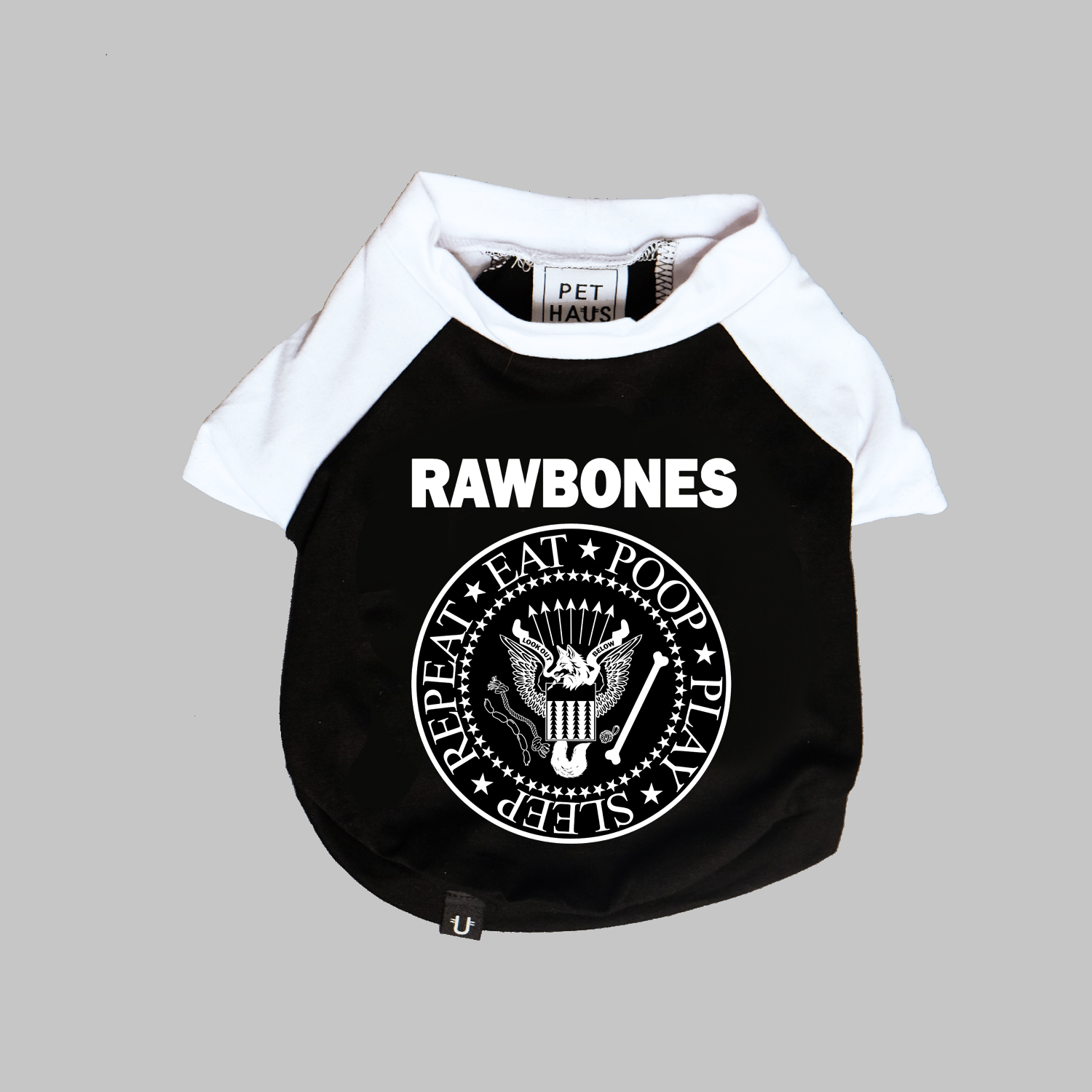 Ramones dog clothing, raglan dog tee with Rawbones print made in Australia, Dog tees for large dogs