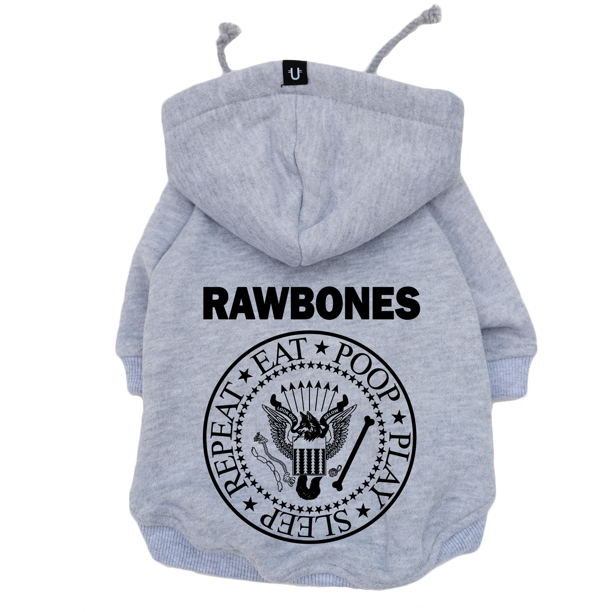 ramones grey dog hoodie made in Australia, warm dog coat