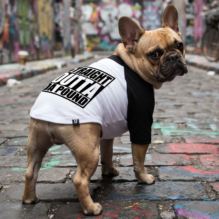 Personalised dog tee white and black worn by french bulldog. Parody of straight outta compton album