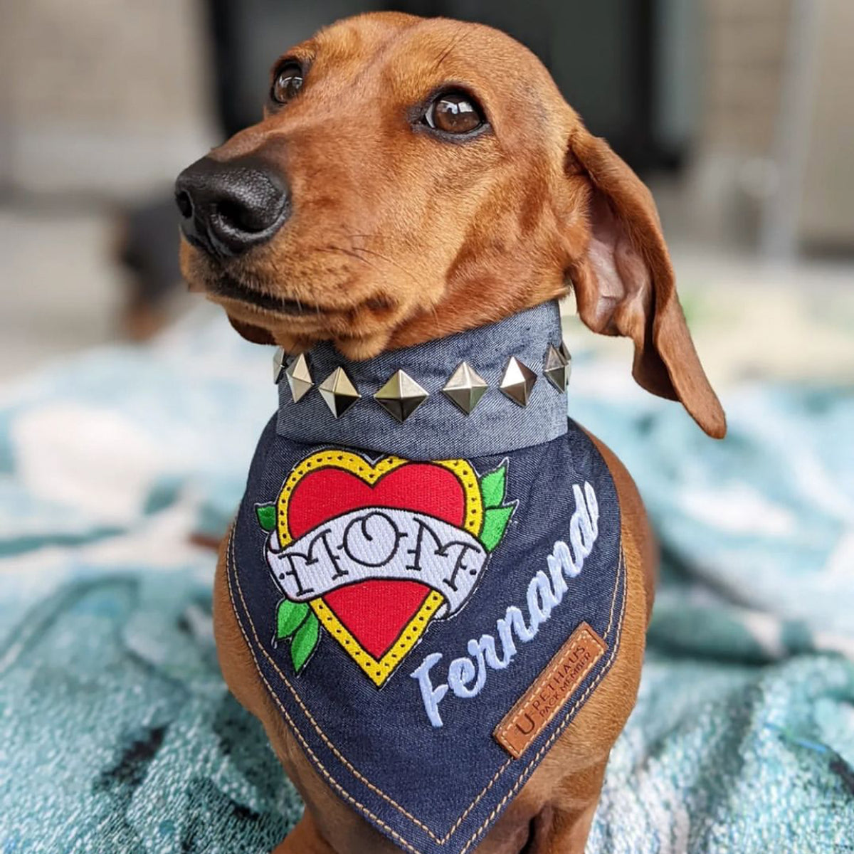 Personalised dog bandana with studs and patches, cute dog bandana, dog gift, denim dog bandana