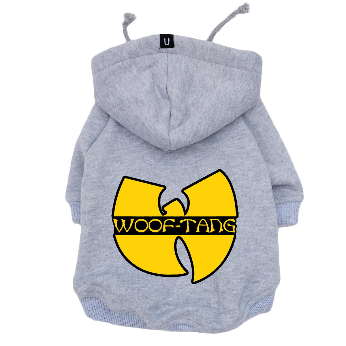 Wu-tang rapper dog hoodie for gangsta dogs made in Australia to fit all dog sizes large and small comes in black and grey