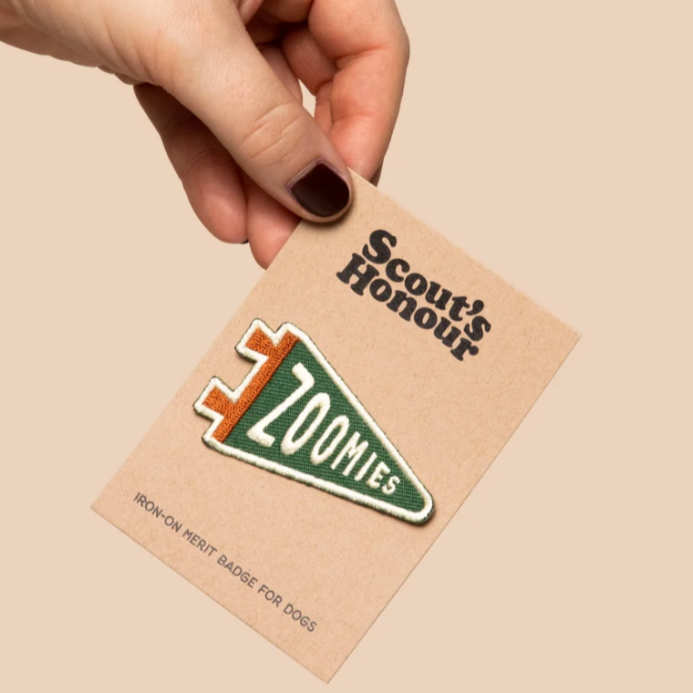 zoomies dog patch, funny dog patch scouts honour merit badges. Patch for dog bandana