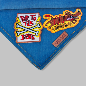 Dog bandanas made in Australia, denim dog bandanas with patches by Pethaus and Ginger Taylor