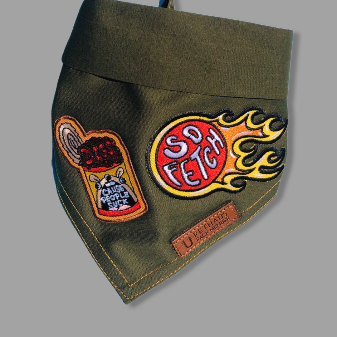 Dog bandana australia, green dog bandana with patches, patched dog bandana by Pethaus and Ginger Taylor