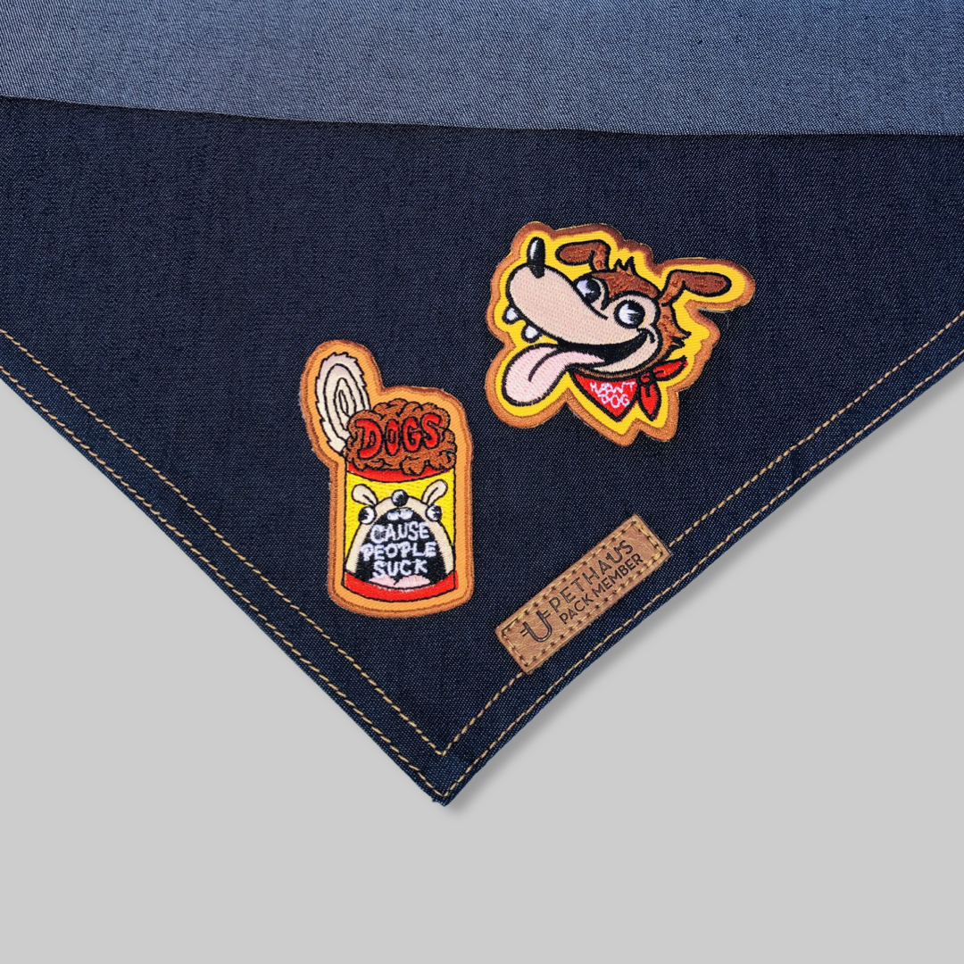 Dog bandanas made in Australia, denim dog bandanas with patches by Pethaus and Ginger Taylor