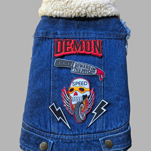 denim dog vest with patches, demon patch, psycho patch