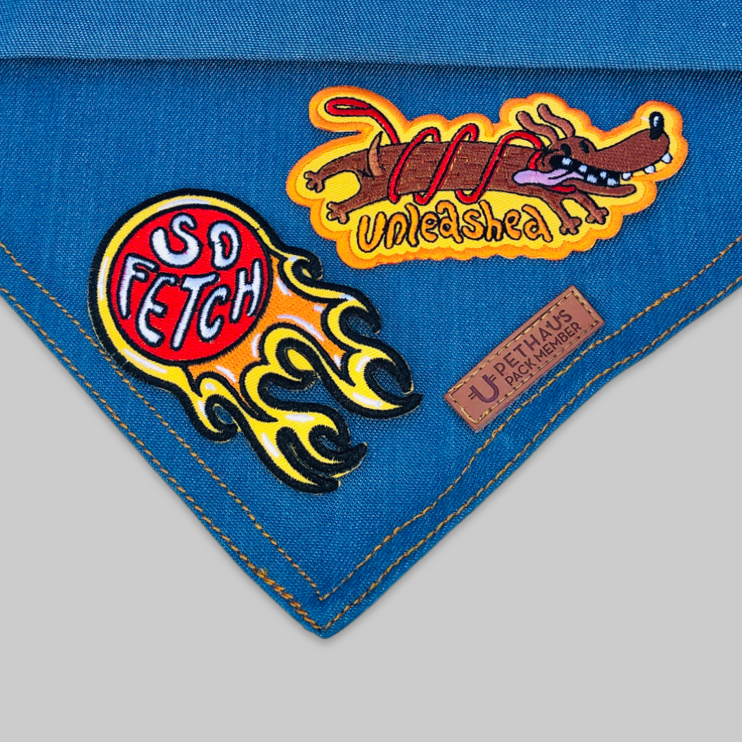 Dog bandanas made in Australia, denim dog bandanas with patches by Pethaus and Ginger Taylor