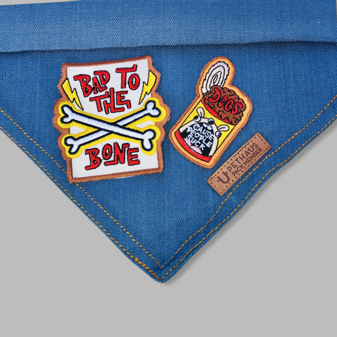 Dog bandanas made in Australia, denim dog bandanas with patches by Pethaus and Ginger Taylor