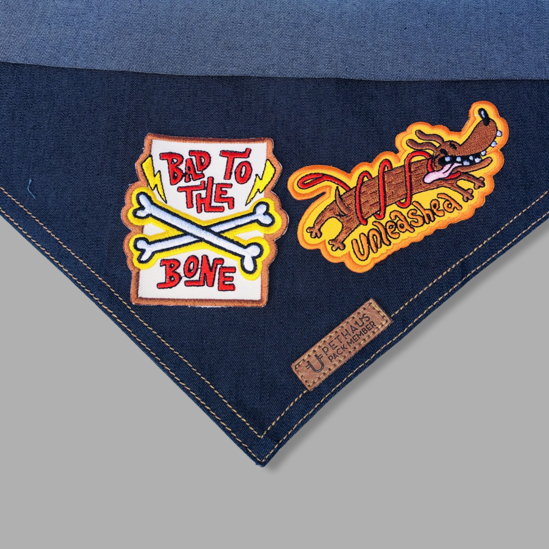 Dog bandanas made in Australia, denim dog bandanas with patches by Pethaus and Ginger Taylor