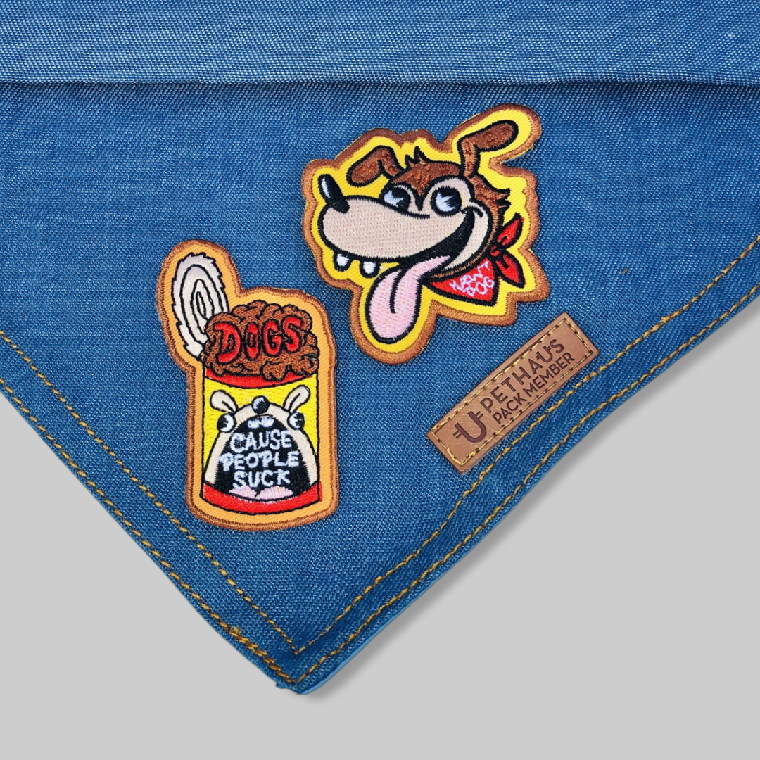 Dog bandanas made in Australia, denim dog bandanas with patches by Pethaus and Ginger Taylor