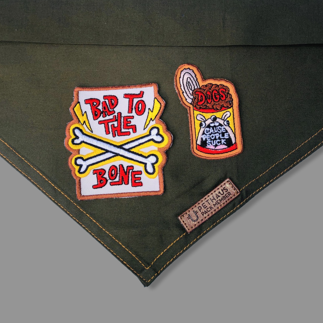 Dog bandana australia, green dog bandana with patches, patched dog bandana by Pethaus and Ginger Taylor