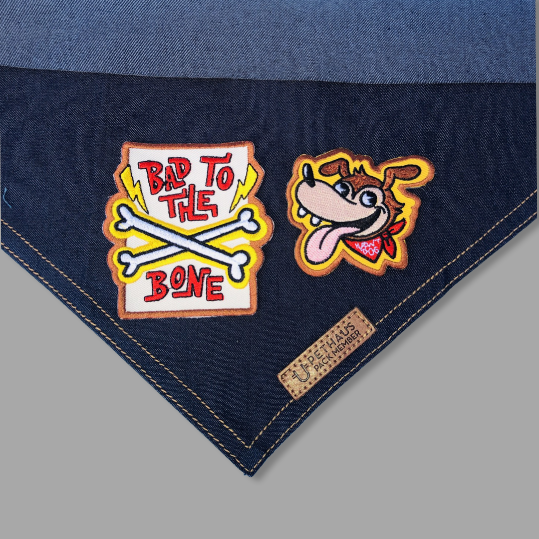 Dog bandanas made in Australia, denim dog bandanas with patches by Pethaus and Ginger Taylor