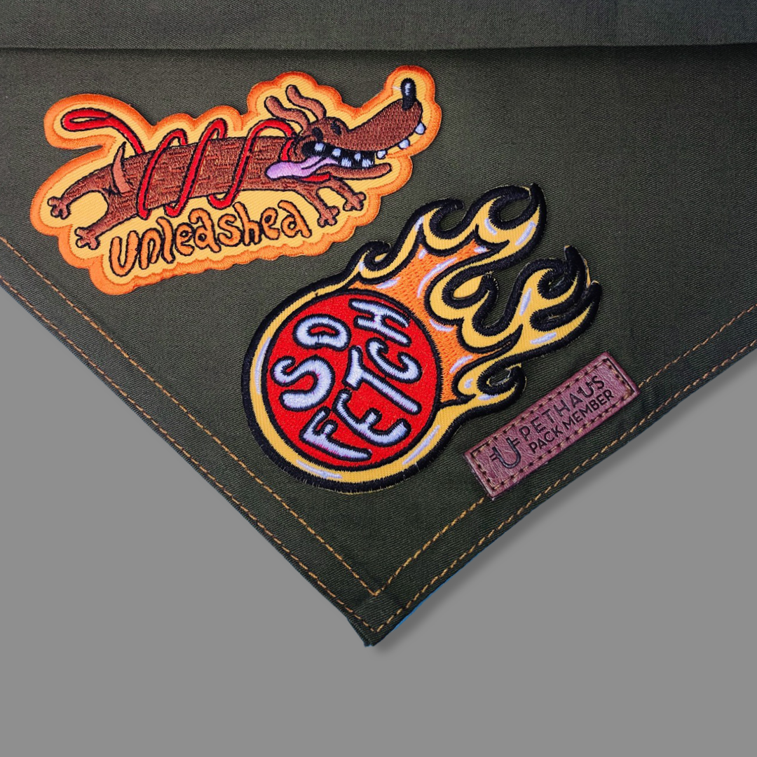 Dog bandana australia, green dog bandana with patches, patched dog bandana by Pethaus and Ginger Taylor