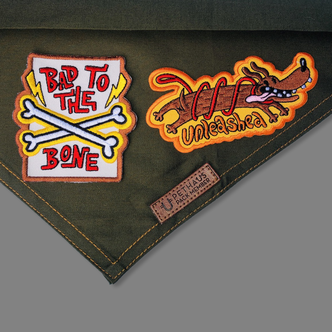 Dog bandana australia, green dog bandana with patches, patched dog bandana by Pethaus and Ginger Taylor