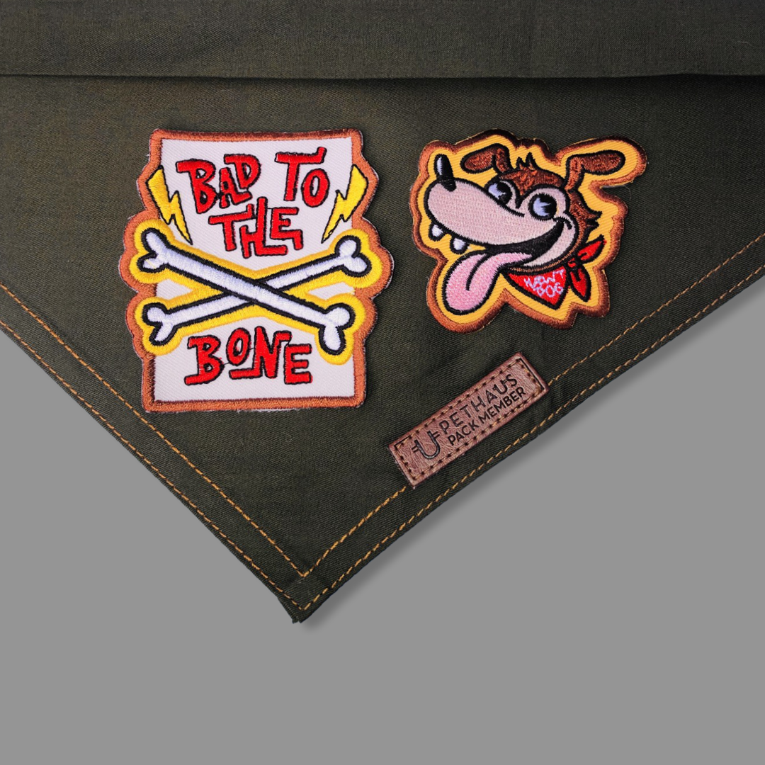 Dog bandana australia, green dog bandana with patches, patched dog bandana by Pethaus and Ginger Taylor