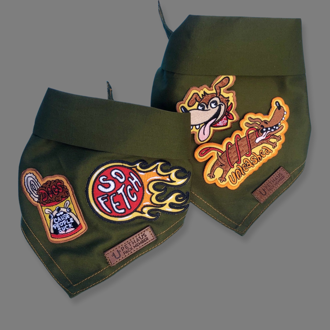 Dog bandana australia, green dog bandana with patches, patched dog bandana by Pethaus and Ginger Taylor