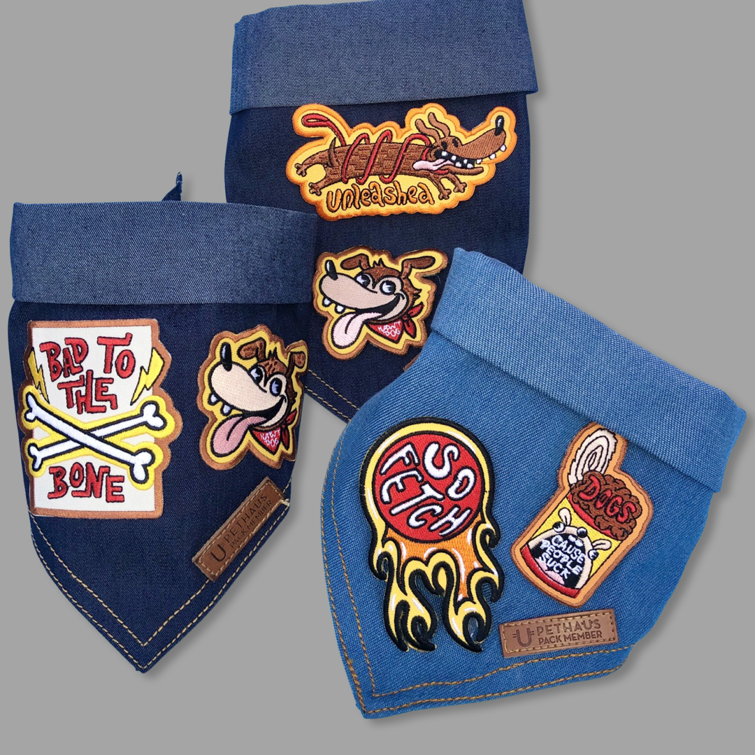 Dog bandanas made in Australia, denim dog bandanas with patches by Pethaus and Ginger Taylor