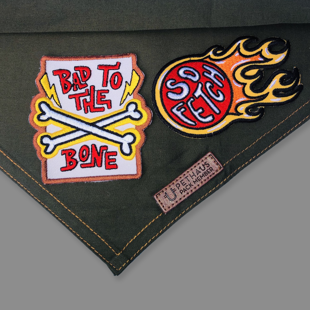 Dog bandana australia, green dog bandana with patches, patched dog bandana by Pethaus and Ginger Taylor