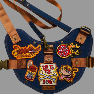 Dog patches by artist Ginger Taylor and Pethaus on denim dog harness