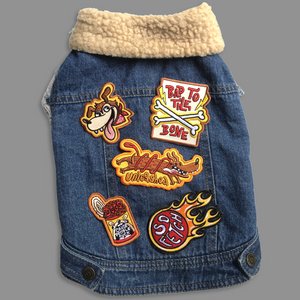 Dog patches on denim dog vest by Ginger Taylor and Pethaus