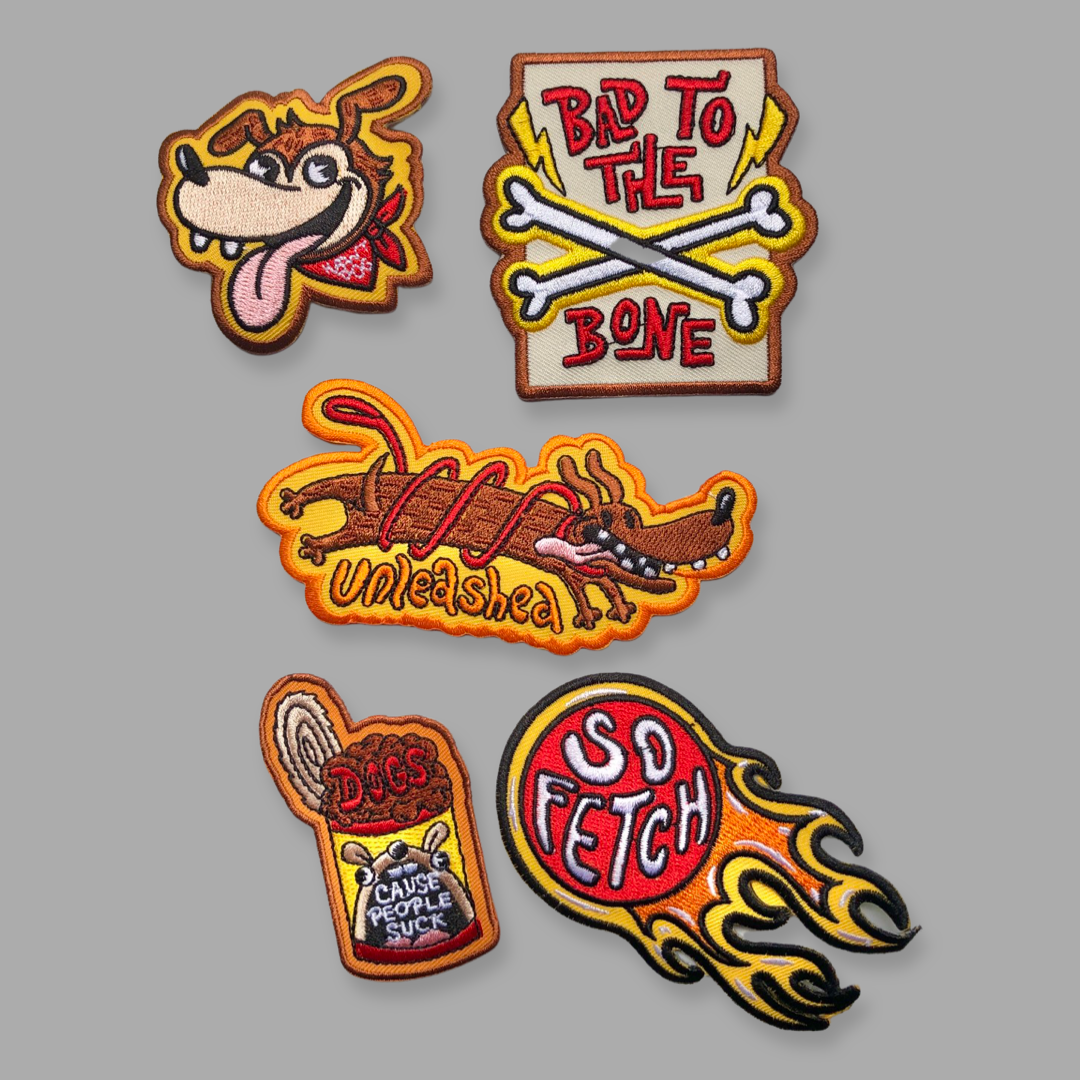 Dog patches to add to denim dog vests, dog bandanas and dog harnesses. by Ginger Taylor and Pethasu. 