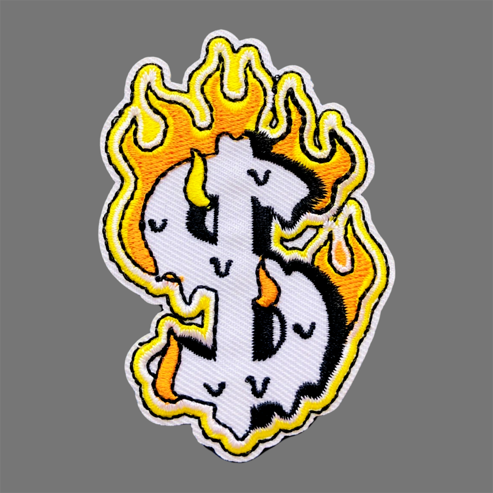 dollar sign embroidered patch, money patch, burning dollar sign patch