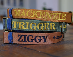 personalised embroidered dog collars, Australian made dog collars, id dog collars, custom dog collars